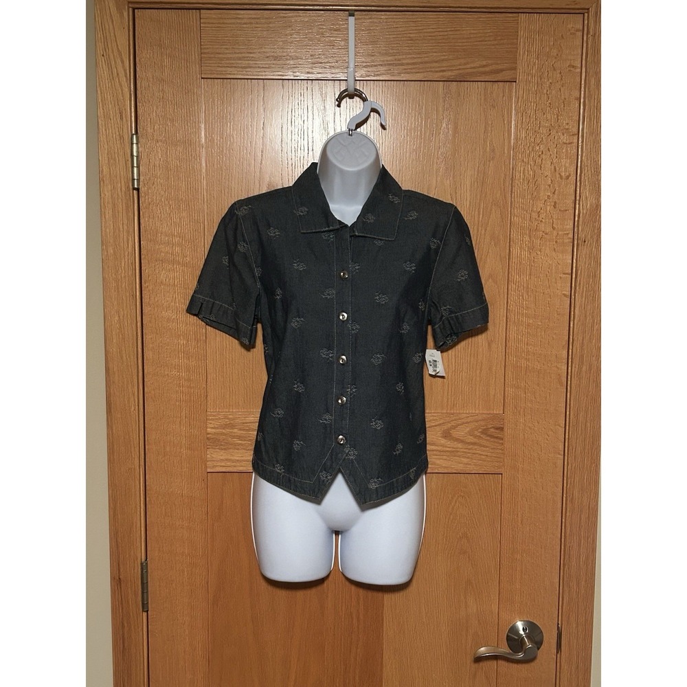 NEW Vintage Y2K City Blues Cotton Denim Floral Embroidered Button Top Size‎ PS